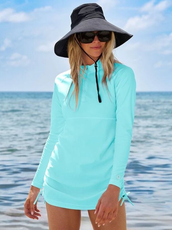 Coolibar Lawai Ruche Swim Shirt Dress Coverup UPF 50+ Blue Large L Beach Outdoor - Picture 9 of 9